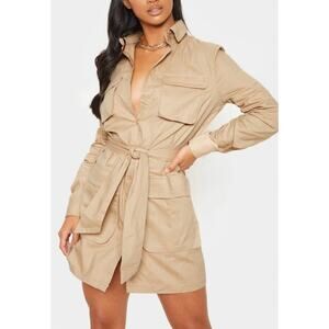 NWT Pretty Little Thing Fawn Khaki Utility Tie Waist Shirt Dress Women's Small